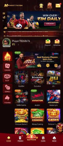 MAST79 Game app interface showing online gaming dashboard and real money games